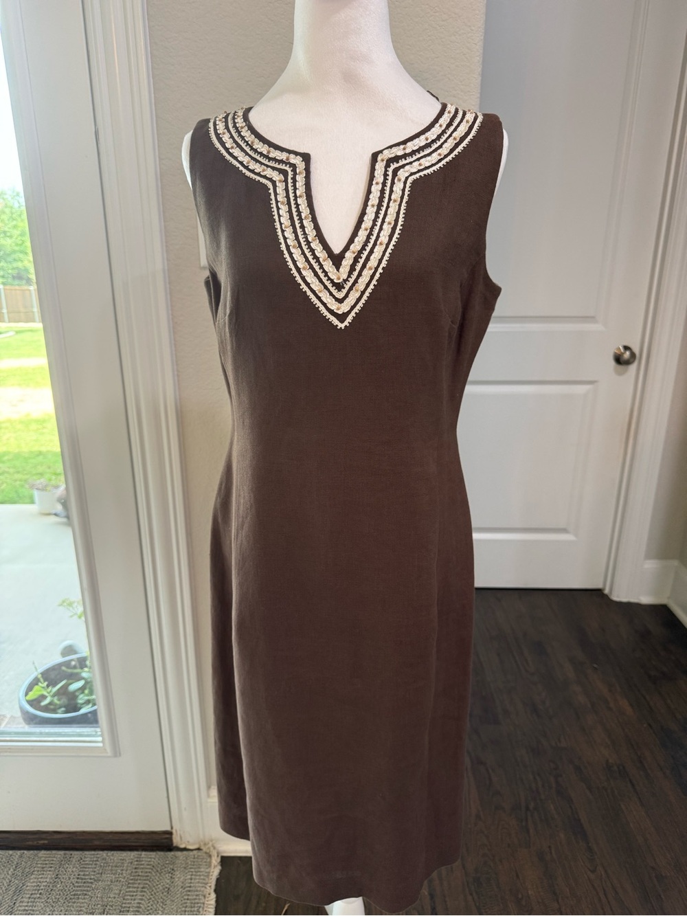 Talbots Brown Sleeveless V-Neck Embroidered beaded Shift Dress